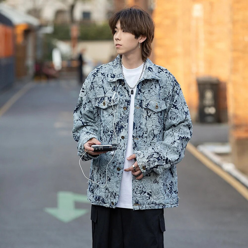 Muška poderana traper jakna s cvjetnim jacquard tkanjem i vezom Široka gornja odjeća dugih rukava