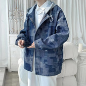 LAPPSTER-Youth Vintage denim cu glugă în carouri jachetă de vânt Breaker Y2k Streetwear Jachete de toamnă Paltoane Bărbați Jachetă de modă coreeană