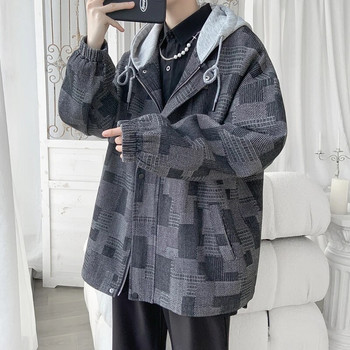 LAPPSTER-Youth ретро дънково карирано дънково яке с качулка Ветровка Y2k Streetwear Есенни якета Палта Мъжко корейско модно яке
