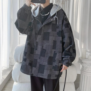 LAPPSTER-Youth Vintage τζιν με κουκούλα καρό τζιν μπουφάν Windbreaker Y2k Streetwear Φθινοπωρινά Μπουφάν Ανδρικά Μπουφάν Κορεατικής μόδας