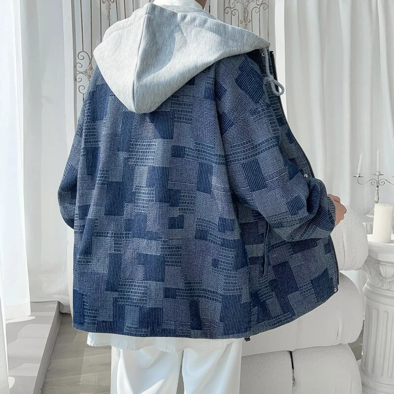 LAPPSTER-Youth Vintage denim cu glugă în carouri jachetă de vânt Breaker Y2k Streetwear Jachete de toamnă Paltoane Bărbați Jachetă de modă coreeană
