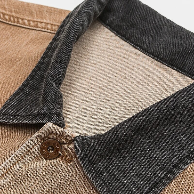 Jachetă de blugi largi pentru bărbați de toamnă, vintage, la modă de stradă, cu cusături cu rever, jachetă casual maro, îmbrăcăminte de stradă japoneză pentru bărbați 4XL 5XL