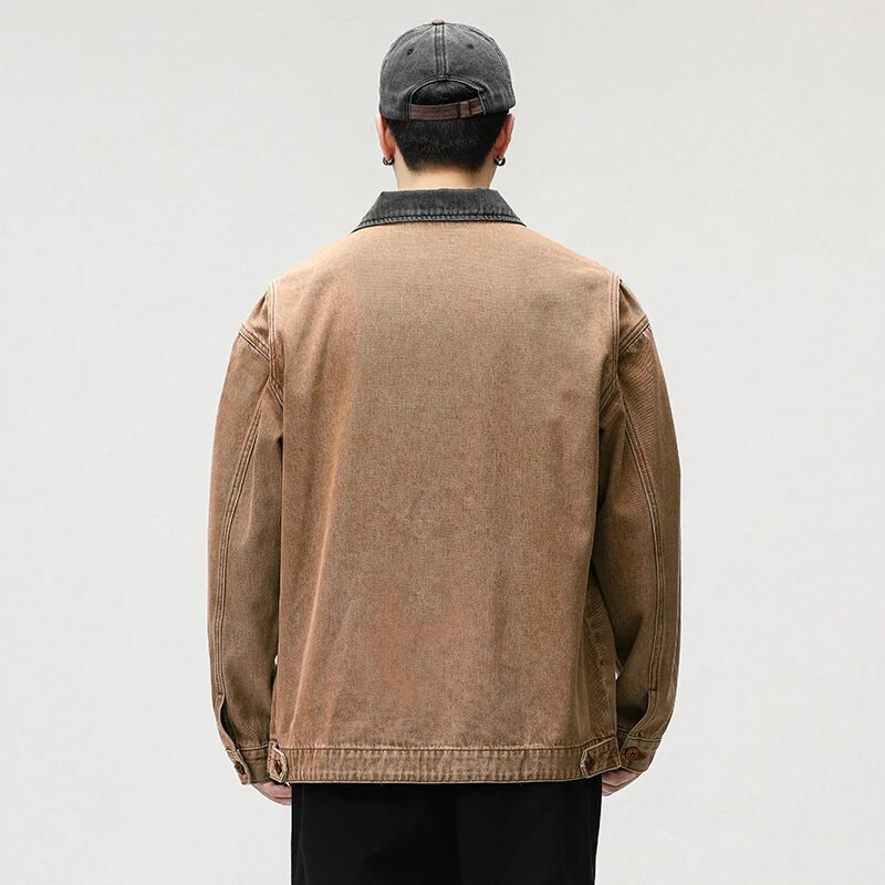 Jachetă de blugi largi pentru bărbați de toamnă, vintage, la modă de stradă, cu cusături cu rever, jachetă casual maro, îmbrăcăminte de stradă japoneză pentru bărbați 4XL 5XL