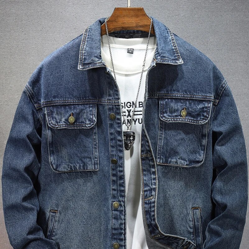 Nova pamučna traper jakna, muška vintage, ležerna jednobojna, kaput na rever, jednoredno kopčanje, motociklistički džep, jeans jakna, ulična odjeća 5XL