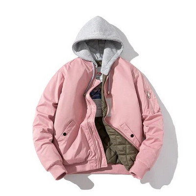 Ανδρικό μπουφάν μπουφάν Γυναικείο συμπαγές φθινόπωρο, χειμερινό πιλοτικό μπουφάν μόδας Vintage παλτό μπέιζμπολ με κουκούλα Casual Windbreak Κόκκινο ροζ μπορντό