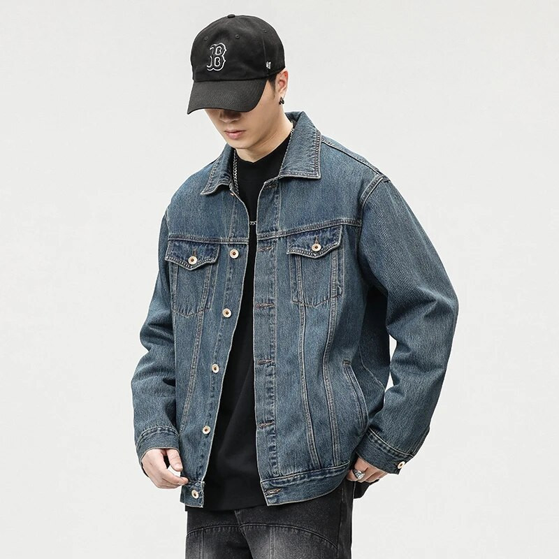 2023. őszi új férfi farmer dzseki, laza alkalmi japán utcai trendkabátok fekete kék divatos utcai ruházat nagy méretű M-5XL