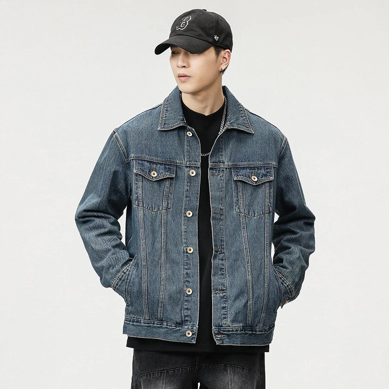 2023. őszi új férfi farmer dzseki, laza alkalmi japán utcai trendkabátok fekete kék divatos utcai ruházat nagy méretű M-5XL