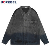 Gradientu dažyta džinsinė striukė, vyriška gatvės apranga, hip-hop'o sujungimas, laisvas ilgomis rankovėmis atvartas Striukė Viršutiniai drabužiai