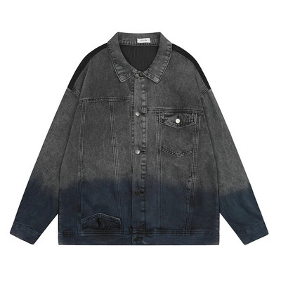 Gradientu dažyta džinsinė striukė, vyriška gatvės apranga, hip-hop'o sujungimas, laisvas ilgomis rankovėmis atvartas Striukė Viršutiniai drabužiai