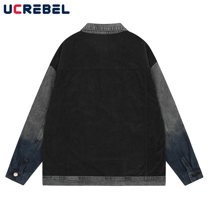 Gradientu dažyta džinsinė striukė, vyriška gatvės apranga, hip-hop'o sujungimas, laisvas ilgomis rankovėmis atvartas Striukė Viršutiniai drabužiai