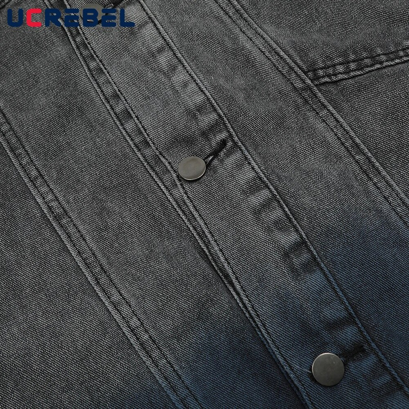 Gradientu dažyta džinsinė striukė, vyriška gatvės apranga, hip-hop'o sujungimas, laisvas ilgomis rankovėmis atvartas Striukė Viršutiniai drabužiai