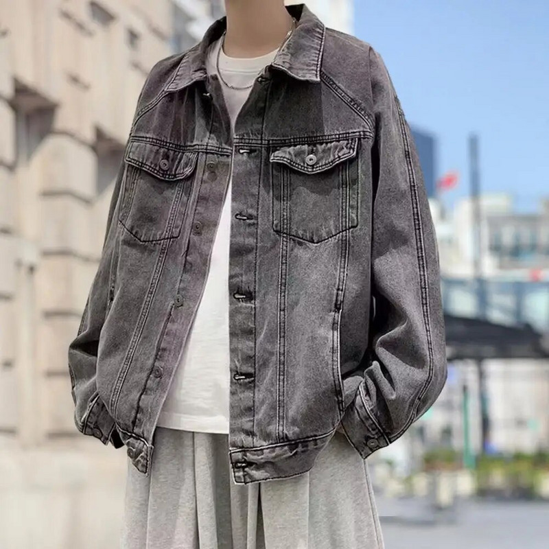Jachetă pentru bărbați Jachetă din denim în stil retro Hop, cu buzunare multiple, pentru bărbați de talie mare, haină Streetwear cu design la un singur piept