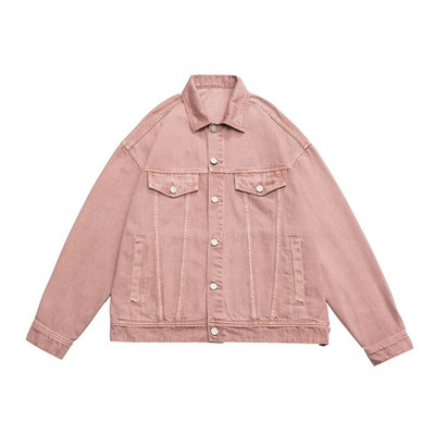 Провиснато мъжко дънково яке Oversize Streetwear Fashion Harajuku 100% памук Ежедневно яке Есенно розово бяло зелено облекло за двойка