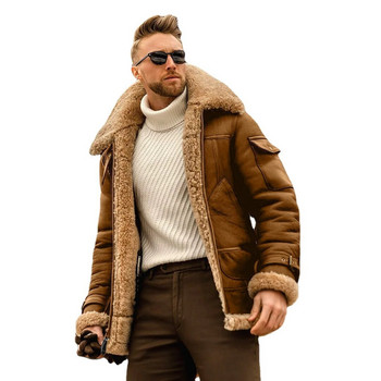 New Fashion Ανδρικό Fleece Jacket Turn Down Γούνινο γιακά Χοντρό Παλτό Παχύ ζεστό Δερμάτινο Αντρικό Χειμώνα Streetwear Windbreaker