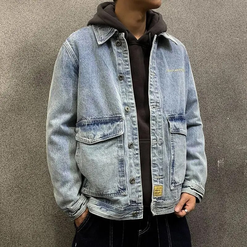 Jachetă de blugi pentru bărbați Cargo Jachete din denim lejer Bărbat Umeri lați Iarna Oversize la cel mai mic preț Îmbrăcăminte pentru bărbați de marcă Mărime mare L Nou