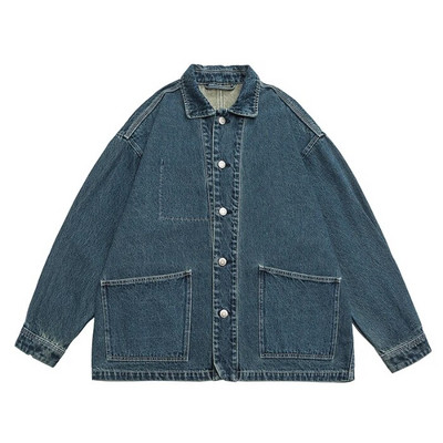 Vintage otrcana muška traper jakna širokih velikih džepova Ležerna jesenska gornja odjeća Trendi muški jeans kaputi Ulična crno plava