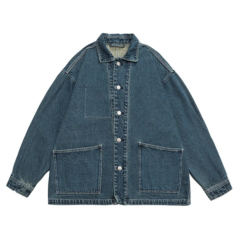 Vintage otrcana muška traper jakna širokih velikih džepova Ležerna jesenska gornja odjeća Trendi muški jeans kaputi Ulična crno plava