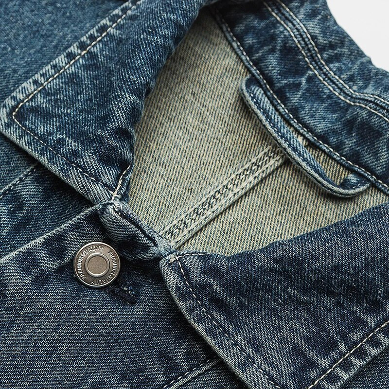 Vintage otrcana muška traper jakna širokih velikih džepova Ležerna jesenska gornja odjeća Trendi muški jeans kaputi Ulična crno plava