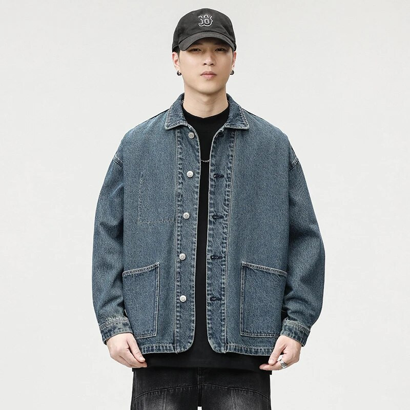 Vintage otrcana muška traper jakna širokih velikih džepova Ležerna jesenska gornja odjeća Trendi muški jeans kaputi Ulična crno plava