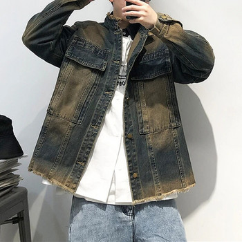 American Streetwear Distress Raw Edge Denim Jacket For Men Clothing Harajuku High Quality Trend Shoulder Pad Coat Vintage Tops