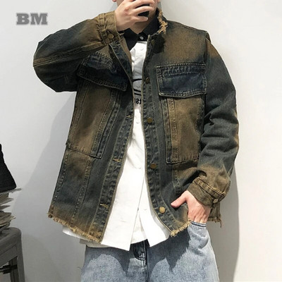 American Streetwear Distress Raw Edge Denim Jacket For Men Clothing Harajuku High Quality Trend Shoulder Pad Coat Vintage Tops