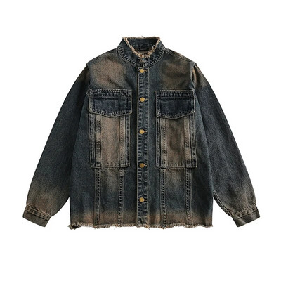 American Streetwear Distress Raw Edge Denim Jakna za muškarce Odjeća Harajuku Visokokvalitetni Trend Jastučići na ramenima Vintage Topovi