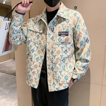 Есенен KPOP моден стил Harajuku Slim Fit Топове Свободни универсални ежедневни връхни дрехи с ревери, джобове, принтирано яке с дълъг ръкав
