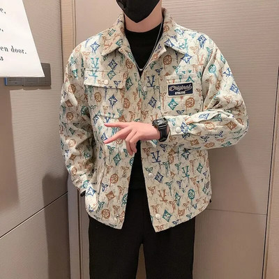 Есенен KPOP моден стил Harajuku Slim Fit Топове Свободни универсални ежедневни връхни дрехи с ревери, джобове, принтирано яке с дълъг ръкав