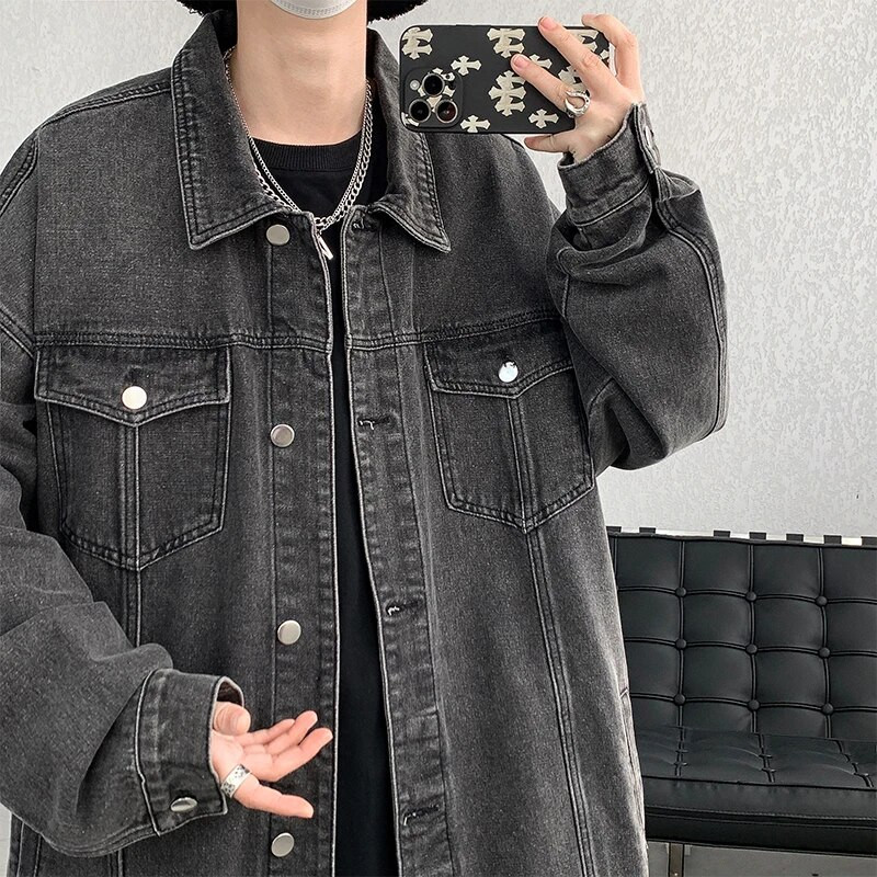 LAPPSTER-Youth Vintage šarene šik korejske modne traper jakne Japanska ulična traper jakna Sveučilišne jakne Crni traper