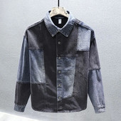 Retro prošivena muška modna traper jakna, košulja, kontrastna boja, vrećasta high street patchwork hiphop rever muška jakna