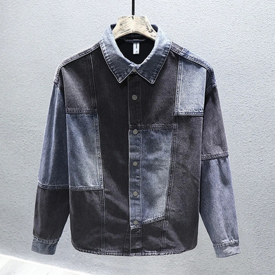 Retro prošivena muška modna traper jakna, košulja, kontrastna boja, vrećasta high street patchwork hiphop rever muška jakna