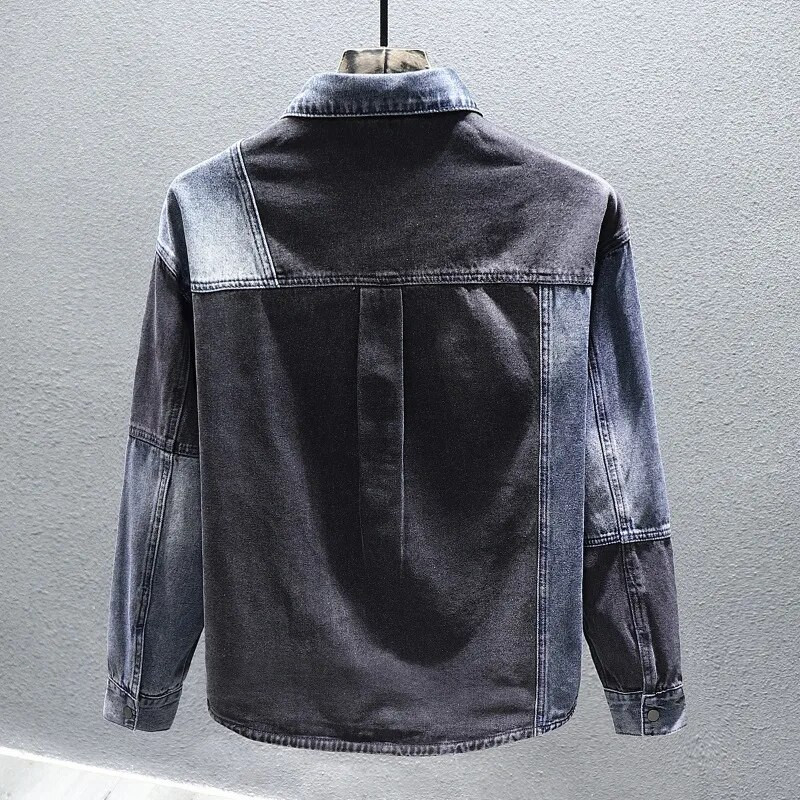 Retro prošivena muška modna traper jakna, košulja, kontrastna boja, vrećasta high street patchwork hiphop rever muška jakna