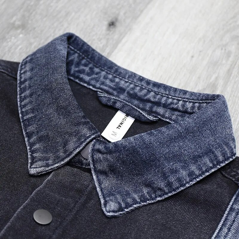 Retro prošivena muška modna traper jakna, košulja, kontrastna boja, vrećasta high street patchwork hiphop rever muška jakna