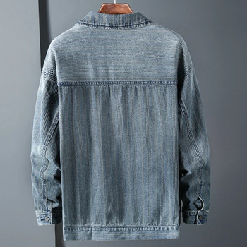 Мъжко синьо дънково яке с винтидж райе Есенно ново корейско модно торбесто еластично памучно ежедневно дънково палто Маркови дрехи Плюс размер 5XL