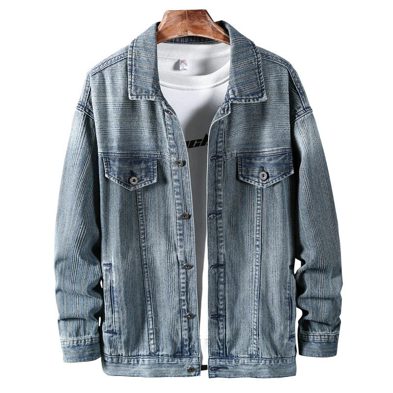 Jachetă de blugi cu dungi de epocă pentru bărbați, toamnă, nouă modă coreeană, din bumbac elastic, ocazional, haine de marcă, plus 5XL