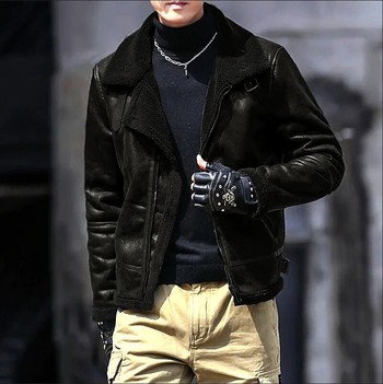 Класически кожени якета с вълнена подплата за мъже, тънки палта от полиуретан с цип и дълъг ръкав с ревер, зимни дебели топли мотоциклетни горни дрехи