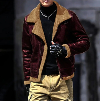 Класически кожени якета с вълнена подплата за мъже, тънки палта от полиуретан с цип и дълъг ръкав с ревер, зимни дебели топли мотоциклетни горни дрехи