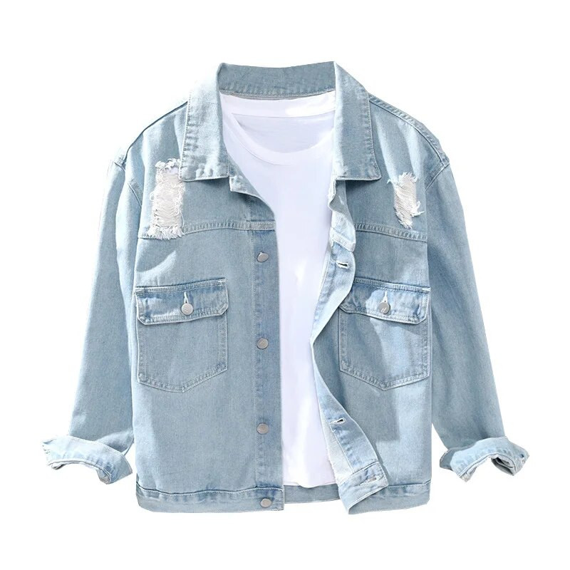 2078 Moda de primăvară Jachete din denim pentru bărbați, șic, cu orificii uzate, rever spălat, buzunare duble, pentru tineret, ocazional, îmbrăcăminte de stradă, paltoane perfecte