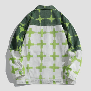 Мъжко дънково яке с кръстосани щампи Ежедневно зелено памучно палто Свободно горно карго горно облекло