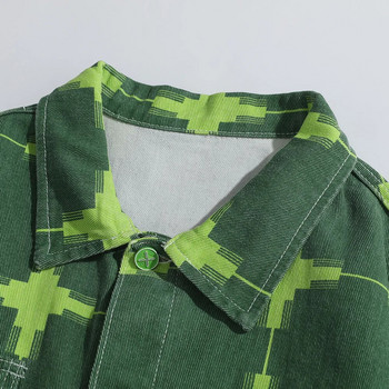 Ανδρικό τζιν μπουφάν με στάμπα, casual πράσινο βαμβακερό παλτό Loose Cargo Top Outerwear