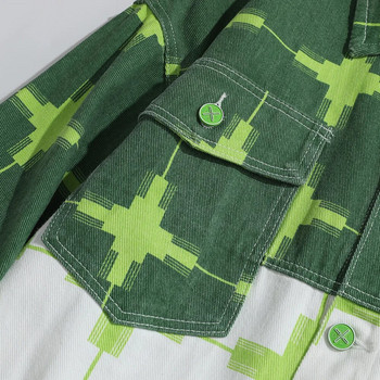 Ανδρικό τζιν μπουφάν με στάμπα, casual πράσινο βαμβακερό παλτό Loose Cargo Top Outerwear