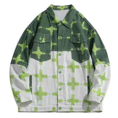 Мъжко дънково яке с кръстосани щампи Ежедневно зелено памучно палто Свободно горно карго горно облекло