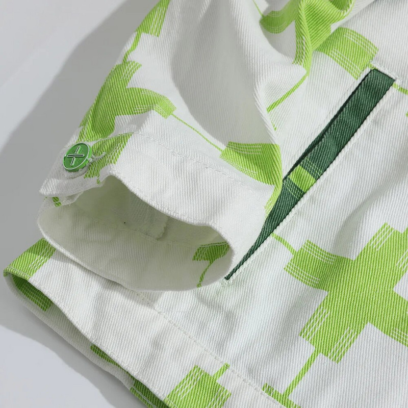 Ανδρικό τζιν μπουφάν με στάμπα, casual πράσινο βαμβακερό παλτό Loose Cargo Top Outerwear