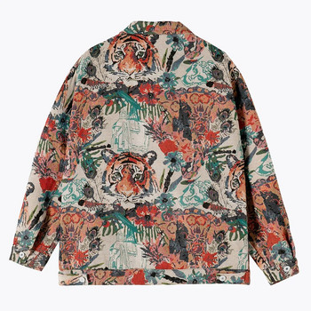 Мъжко яке с принт на тигър джунгла Модно палто с жакардово тъкане на цветя Свободно улично горно връхно облекло