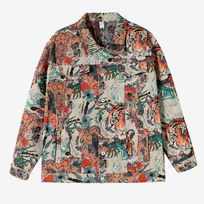 Jachetă cu imprimeu junglă pentru bărbați, cu flori de modă, haină din țesătură jacquard