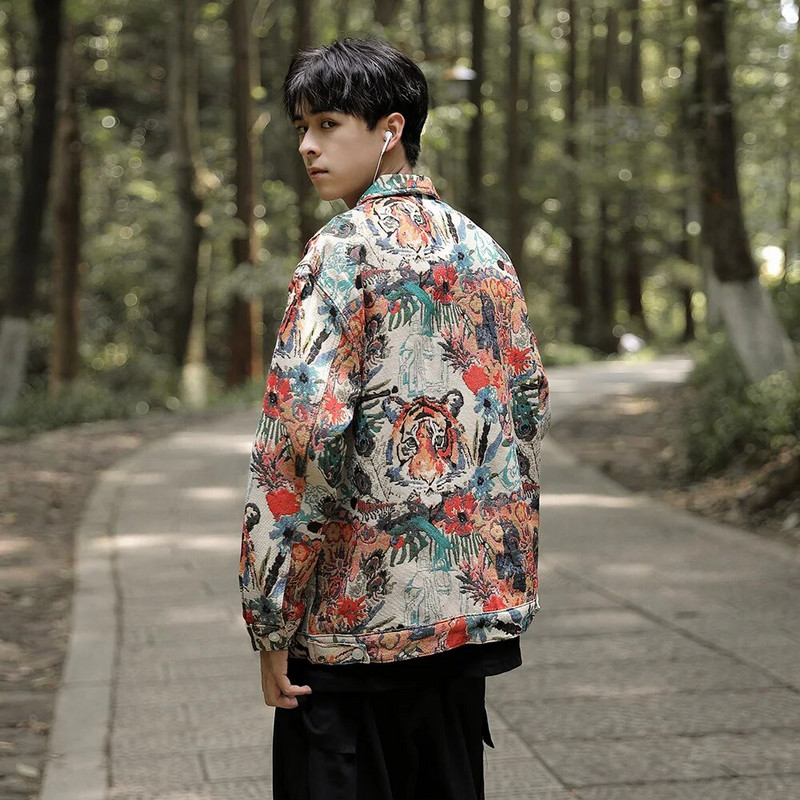 Jachetă cu imprimeu junglă pentru bărbați, cu flori de modă, haină din țesătură jacquard