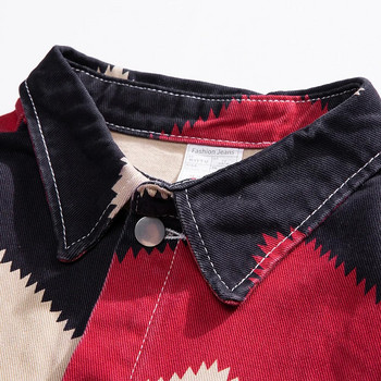 Ανδρικό τζιν μπουφάν με ριγέ στάμπα, casual φαρδύ μακρυμάνικο πουκάμισο Streetwear τσέπες επάνω Εξωτερικά ενδύματα