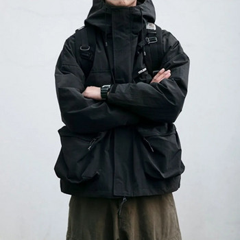 Ανδρικό αντιανεμικό μπουφάν με κουκούλα φθινοπώρου και χειμώνα, χαλαρό τρισδιάστατο λειτουργικό αντιανεμικό παλτό εργασίας casual