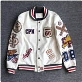 Uniformă de baseball albă cu broderie cu mai multe litere, uniformă de baseball în stil exploziv pentru bărbați, geacă de piele retro, haină pentru industria grea