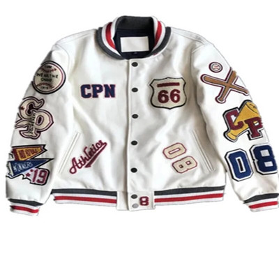 Uniformă de baseball albă cu broderie cu mai multe litere, uniformă de baseball în stil exploziv pentru bărbați, geacă de piele retro, haină pentru industria grea
